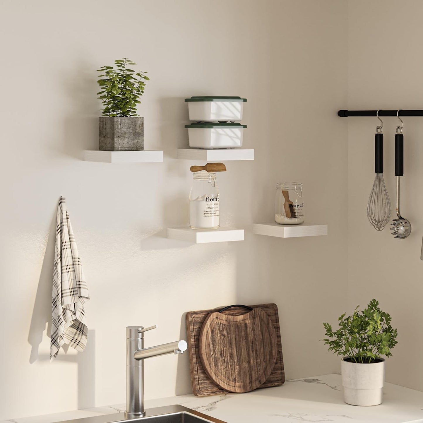 Square Floating Shelves for Wall, 8" W x 8" D x 1.2" H, Small Wooden Wall Mounted Display Shelves with Invisible Brackets for Living Room, Bedroom, Bathroom, Kitchen Decor, Set of 4, White