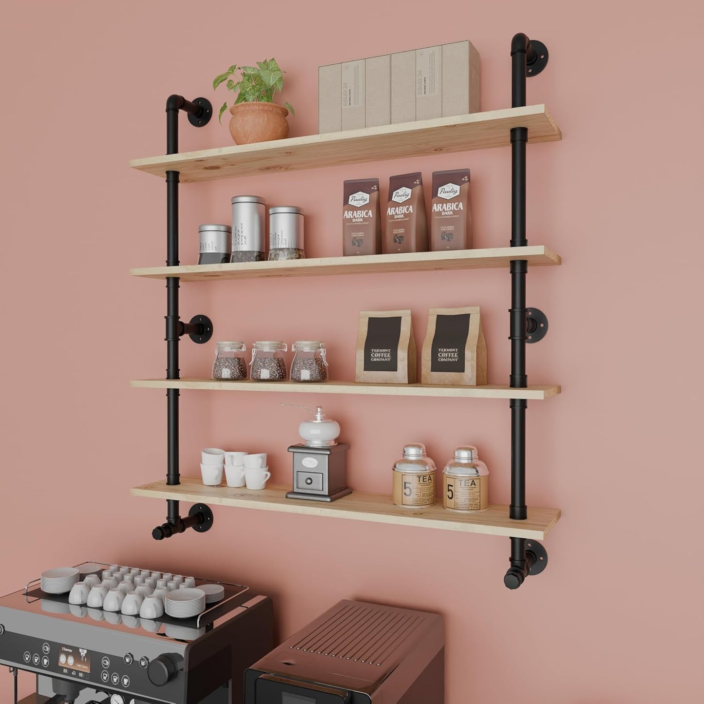 Industrial Pipe Wall Shelves Shelving with Real Wood Plank,48 Inches Floating Shelf for Wall Farmhouse Book Shelves Dark Brown 4 Tier for Kitchen,Living Room Decor and Bar Shelving
