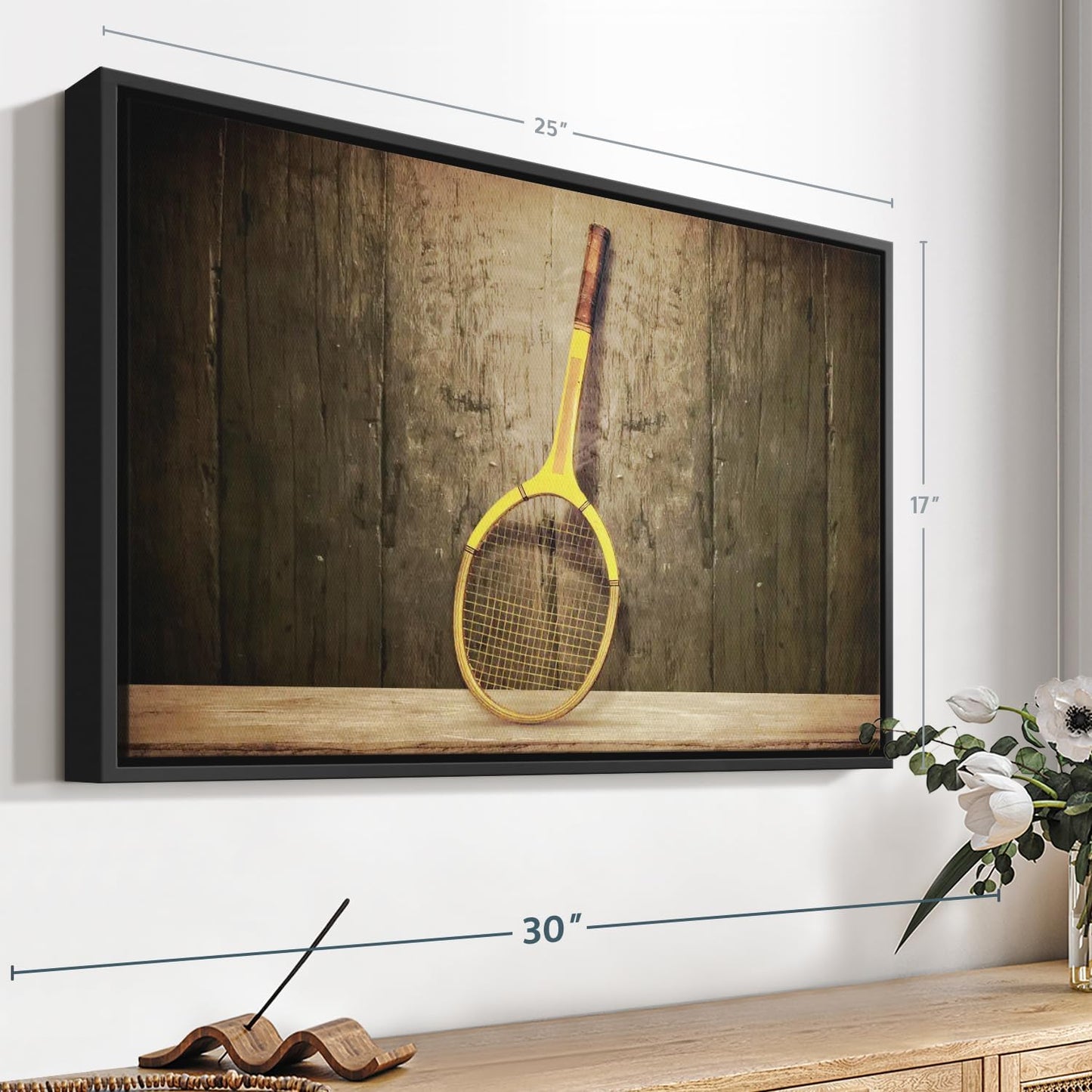 ElephantStock Vintage Tennis Racket Wall Art - Horizontal Framed Canvas - 1-Piece Living Room Wall Decor - Photography Sports Canvas Print - Brown and Black Decor for Wall - 25" X 17"