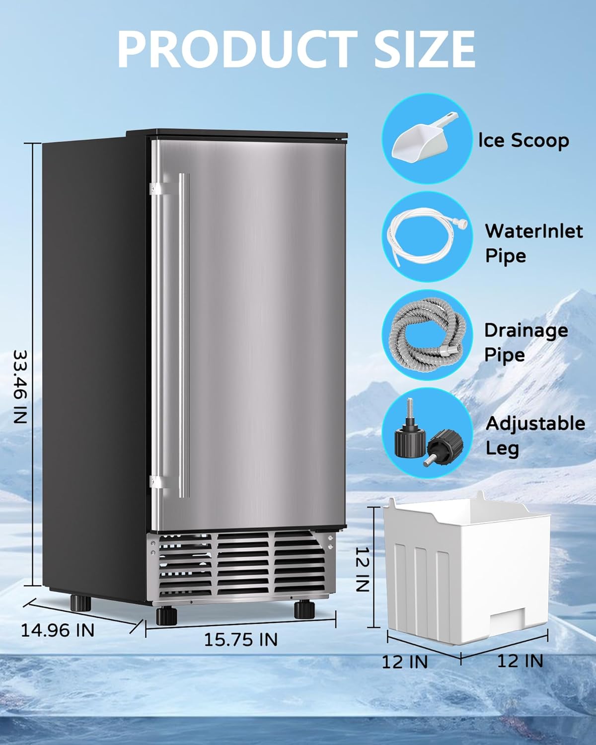 Commercial Ice Maker Machine Reversible Door 120LBS/Day, Undercounter Ice Makers 30LBS Storage Bin and 40 Ice Cubes, Icemaker Machine Brushed Metal with Water Line, Ice Scoop