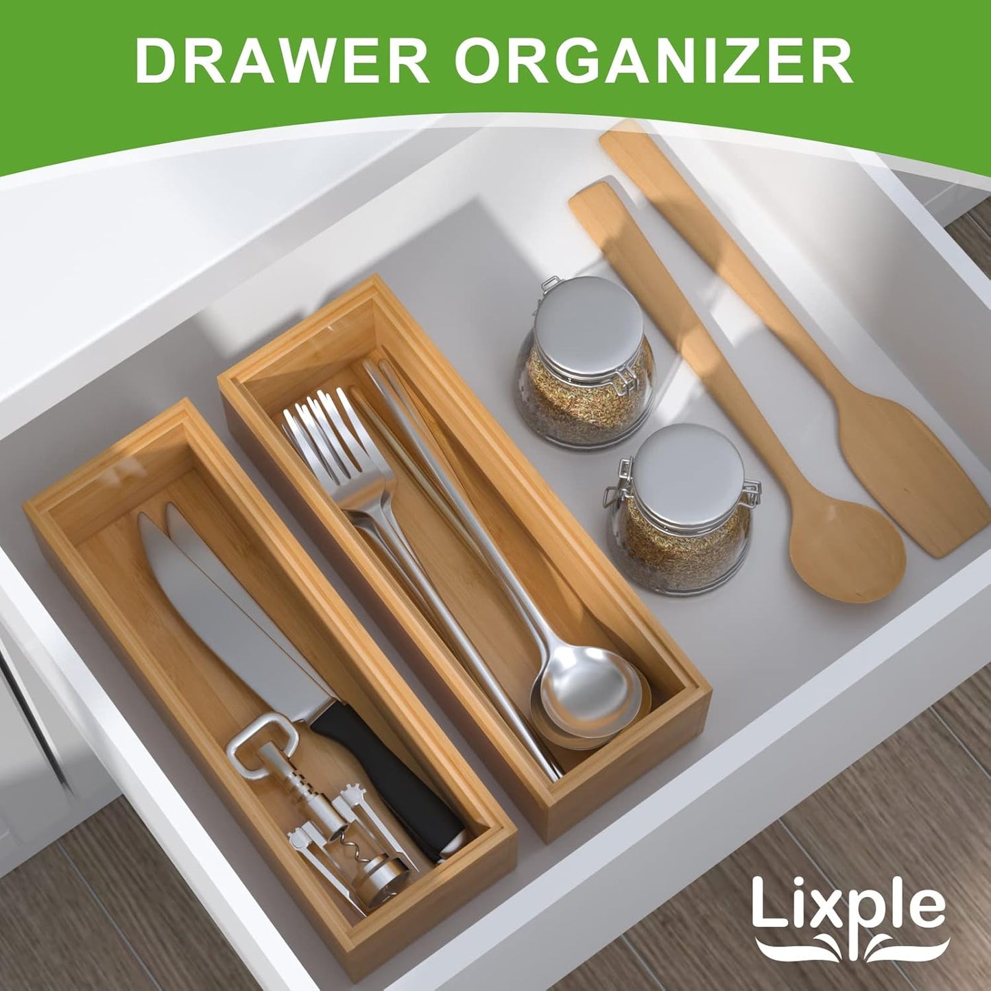 Bamboo Drawer Organizer – Set of 2 Stackable Storage Boxes, Silverware Tray & Small Gadget Holder for Kitchen Drawers, 9" x 3" x 2" (Outer), 8.3" x 2.3" x 1.77" (Inner)