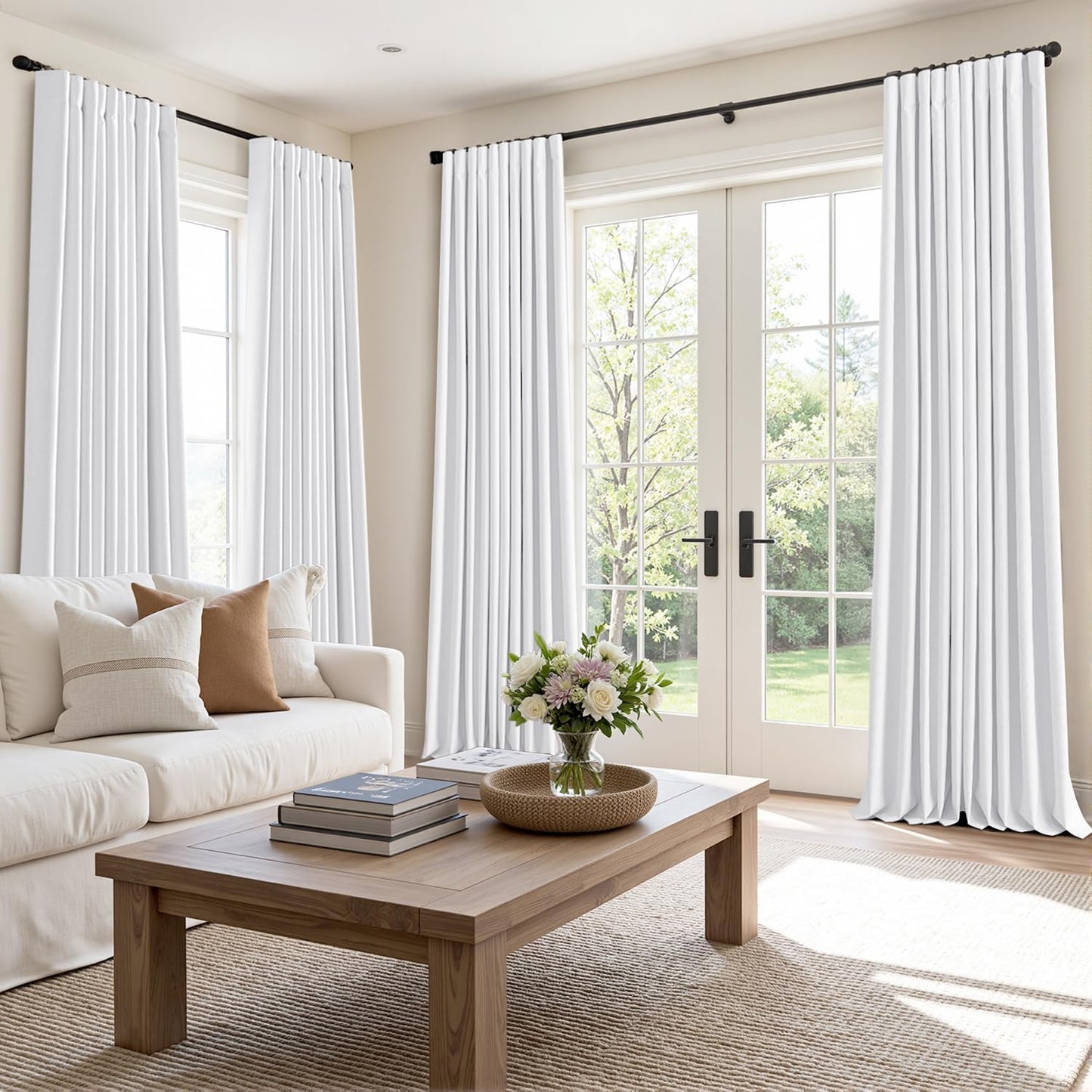 MIULEE 100% Blackout Curtains 90 Inch Long 2 Panels Set for Bedroom, Thick Faux Linen Black Out Curtain Room Darkening Back Tab Pleat Window Textured Drapes with Hooks for Living Room, Bright White