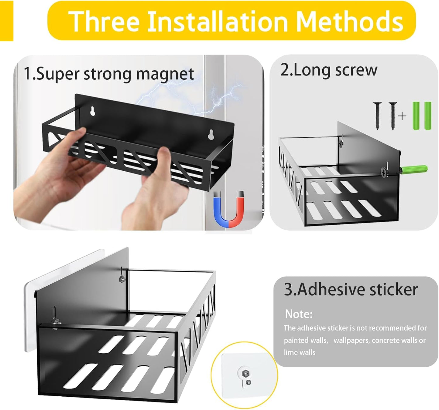 Magnetic Spice Rack Organizer for Fridge Seasoning Organizer for Kitchen storage with Screw or Adhesive Hanging,Magnetic Shelf with Hook for Refrigerator and Oven (3pack)