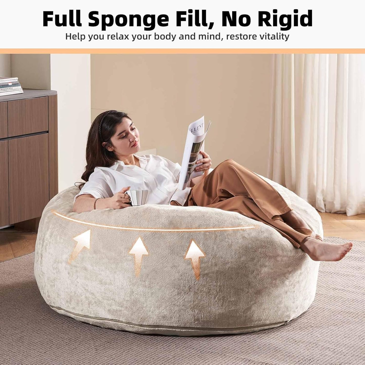 5FT，Big Bean Bag Chairs for Adults，Large beanbag with Filler Included，Memory Foam Material，Easy to Clean and Washable Corduroy Fabric，Suitable for Living Room and Bedroom (Apricot, 5 Foot)