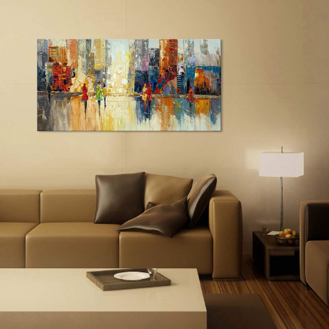 Canvas Wall Art Abstract Cityscape Painting Modern New York City Artwork Lady Romantic Street Scenery Picture Home Office Decor