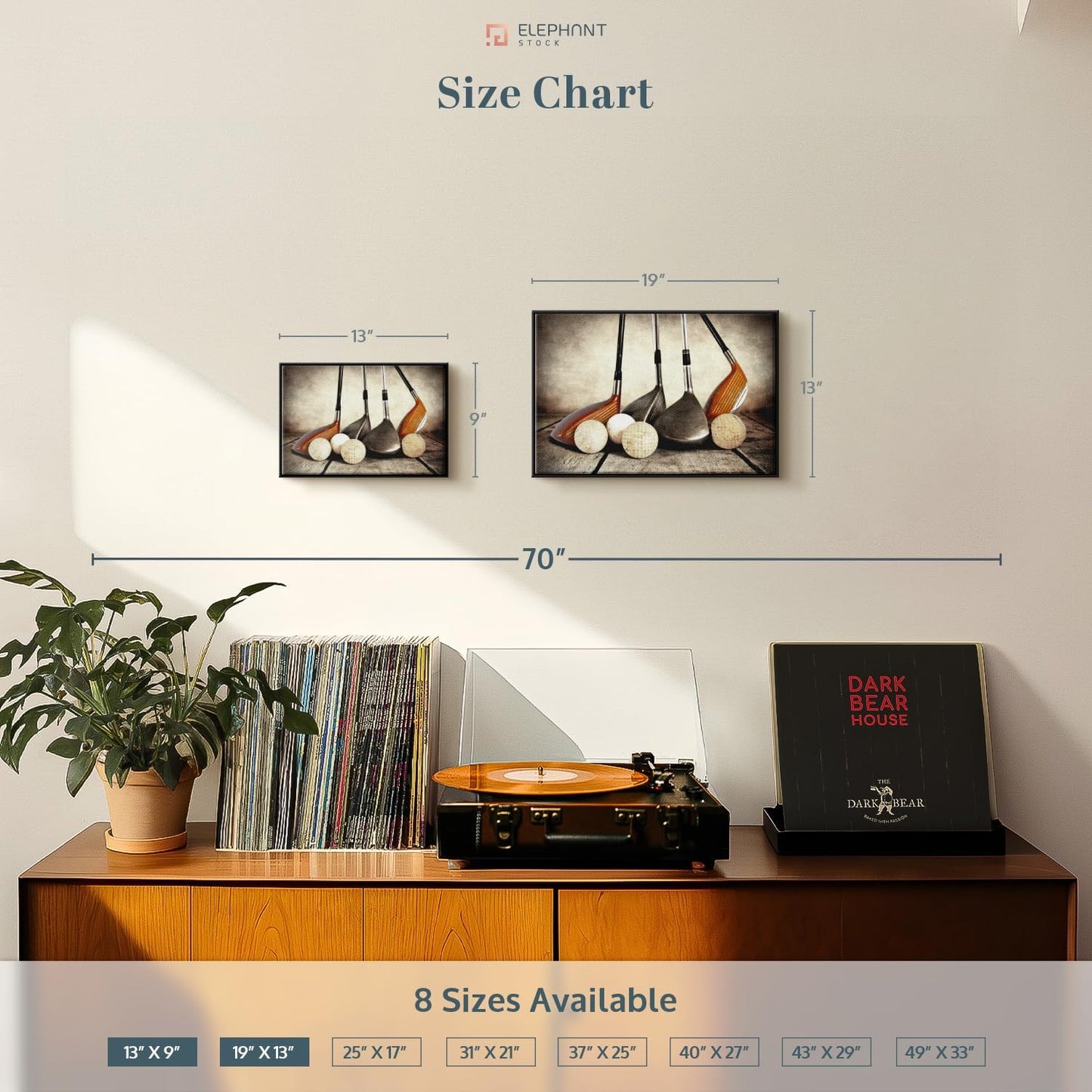 ElephantStock Golf Sets Wall Art - Horizontal Framed Canvas - 1-Piece Mancave Wall Decor - Photography Sports Canvas Print - Yellow and Brown Decor for Wall - 13" X 9"