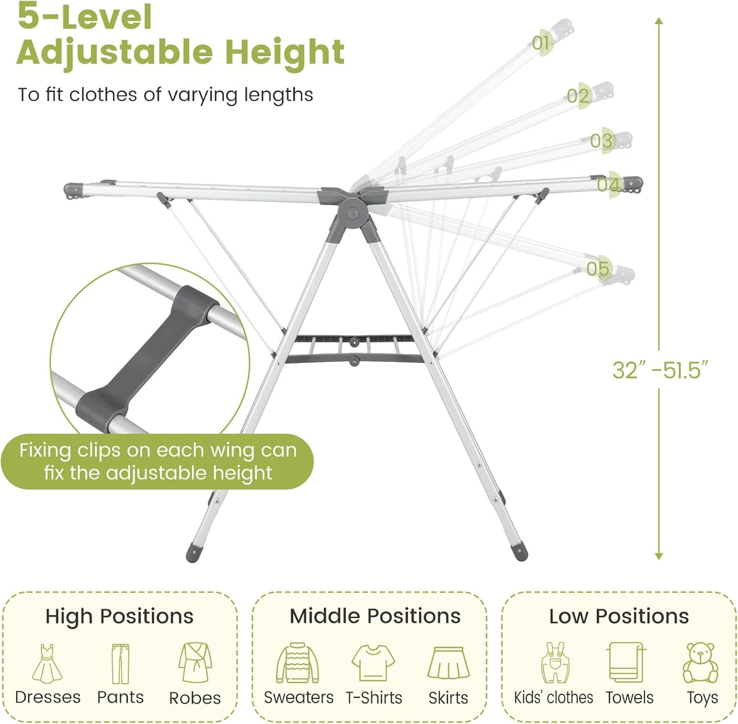 Giantex Clothes Drying Rack, 2-Layer Aluminum Foldable Laundry Drying Rack with 5-Level Adjustable Height, 21 Drying Rails, 10 Side Clips, 4 Shoe Holders, Space Saving Collapsible Laundry Drying Rack