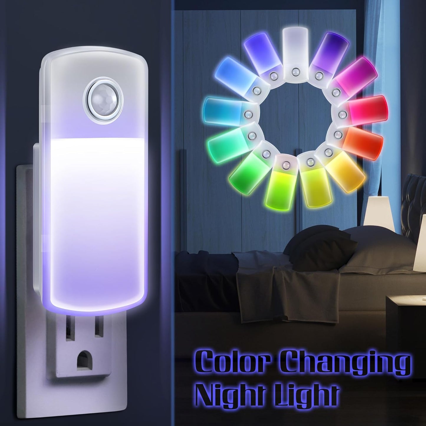 Enhon Emergency Power Failure Night Lights, 5-in-1 Multi Color LED Light, Rechargeable Flashlight with Foldable Plug, Automatic On Off Motion Sensor for Bedrooms, Hallways, Black Outs (3 Pack)