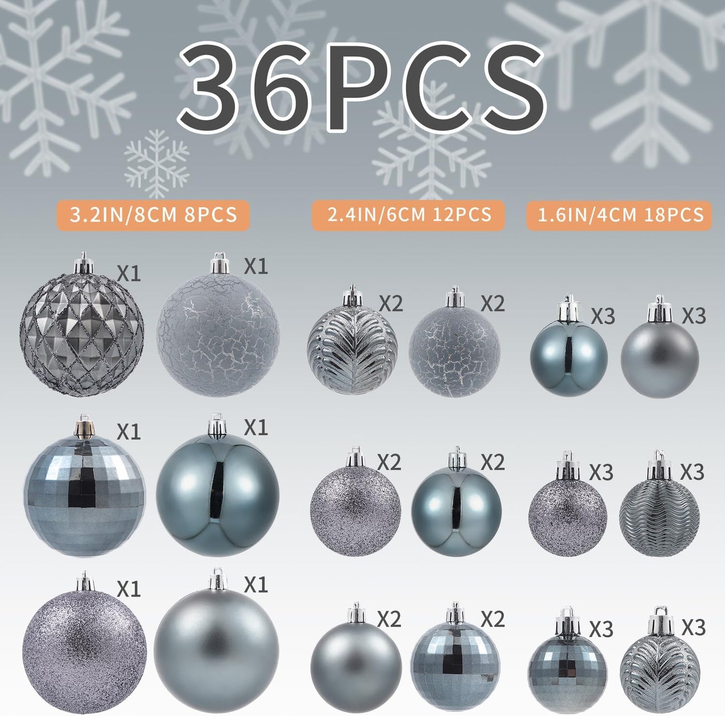 LANGXUN 36pcs Gery Christmas Tree Decorations Balls, Bolas De Navidad, 2025 Christmas Decor, Indoor Outdoor Shatterproof Christmas Ornaments, Xmars Party Wedding Suppiles