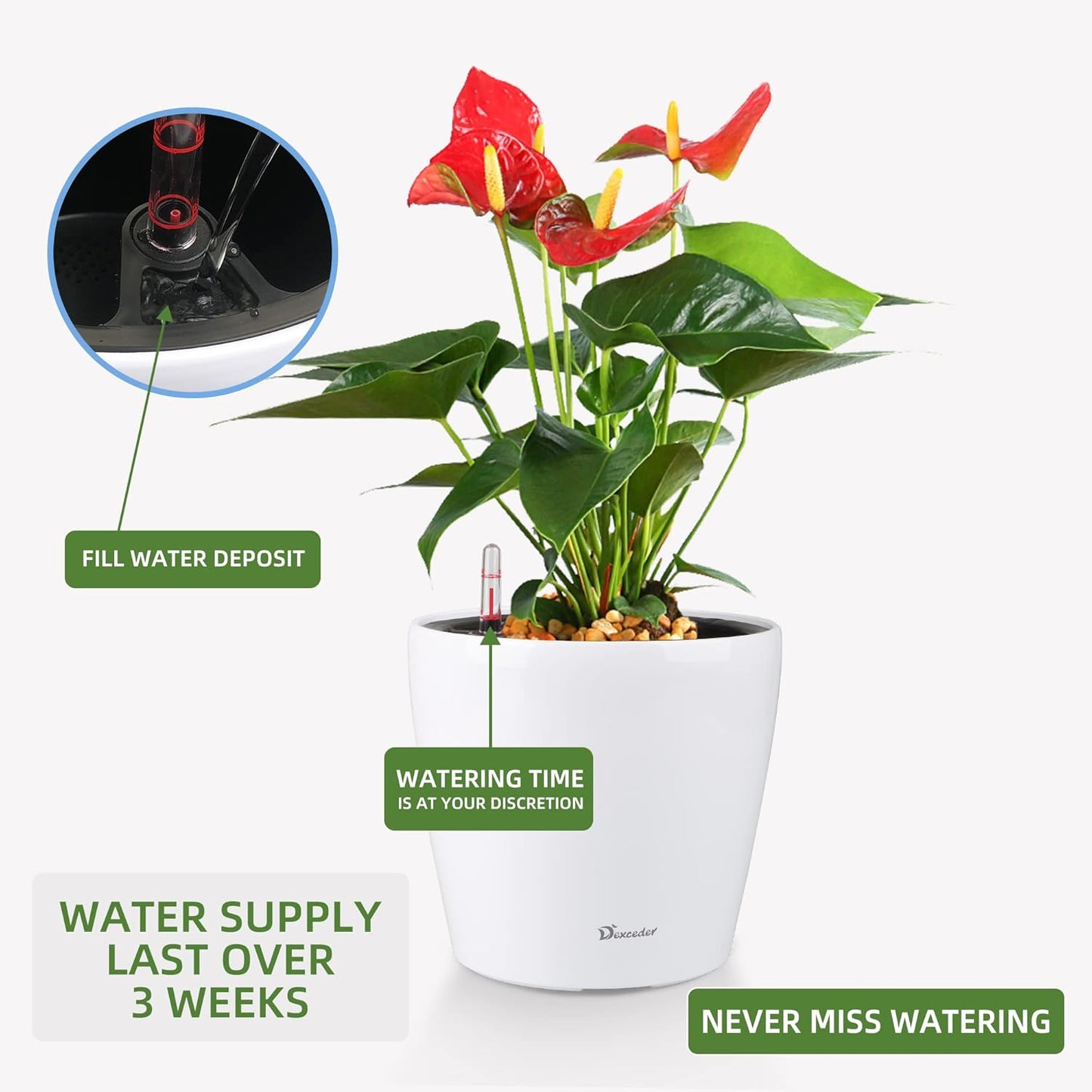 Dexceder 11x10 Inches High Gloss Self Watering Planter Indoor Outdoor, Inner Pot Design, Thickened Table Flower Plant Pot with Water Level Indicator (White)