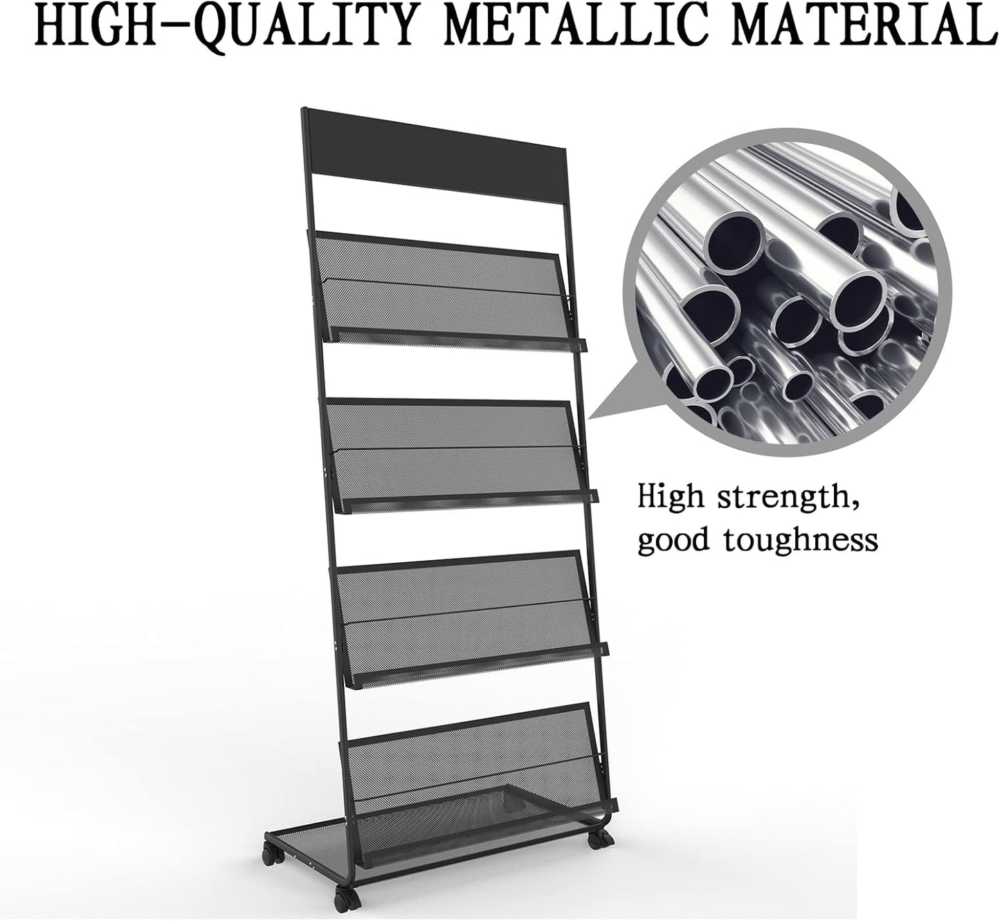 TONGMO Magazine Rack: Floor-Standing 4-Layer with Wheels, Brochure Display Stand, High-hardness metal for Exhibitions, Office, and Any Organization Requiring Information Display(Black)