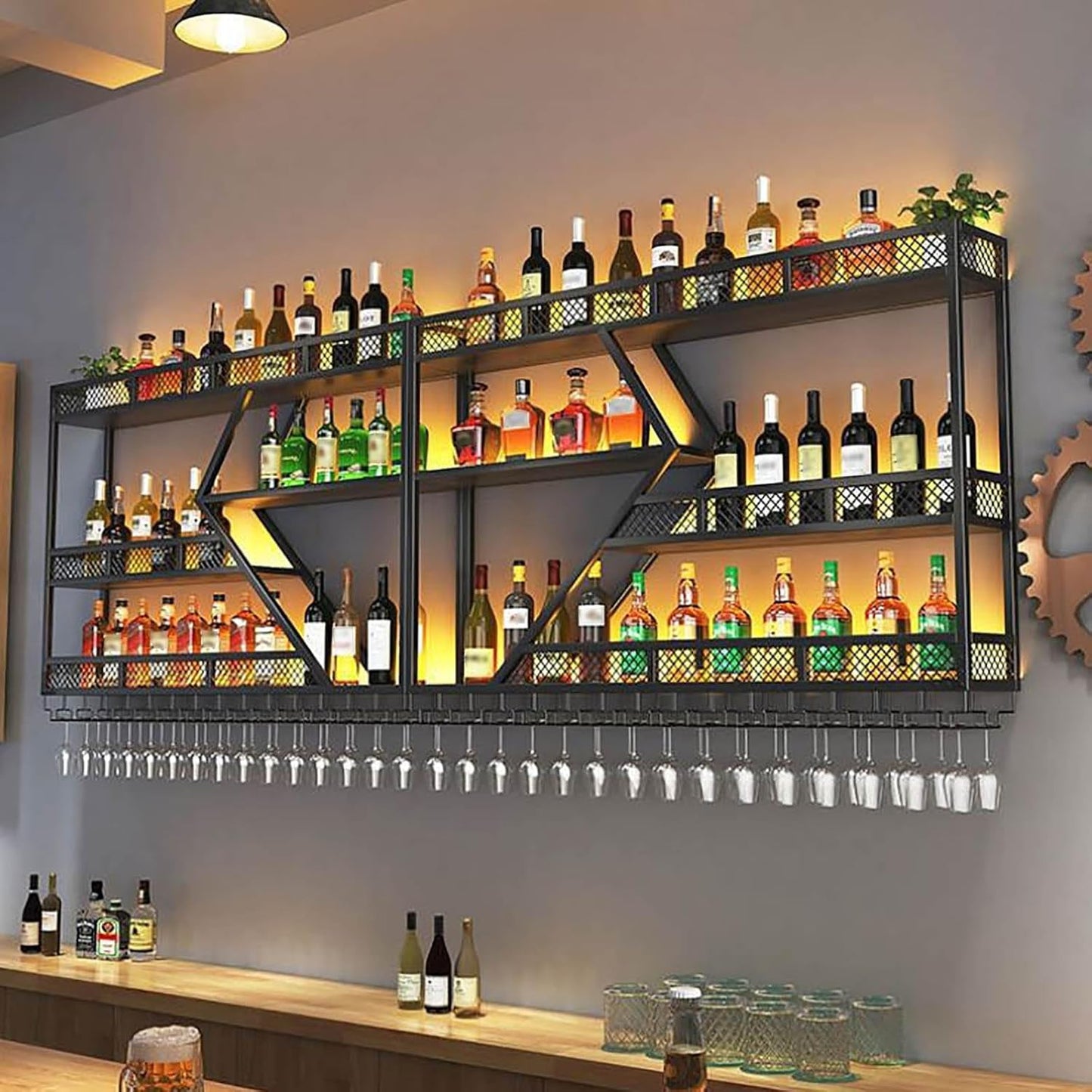 Wall Mounted Wine Rack with Glass Holder, 3-Tier Metal Storage Shelf, Black Diamond Design, Wine Bottle Display with Stemware Storage (Black, 78.74in/200cm)