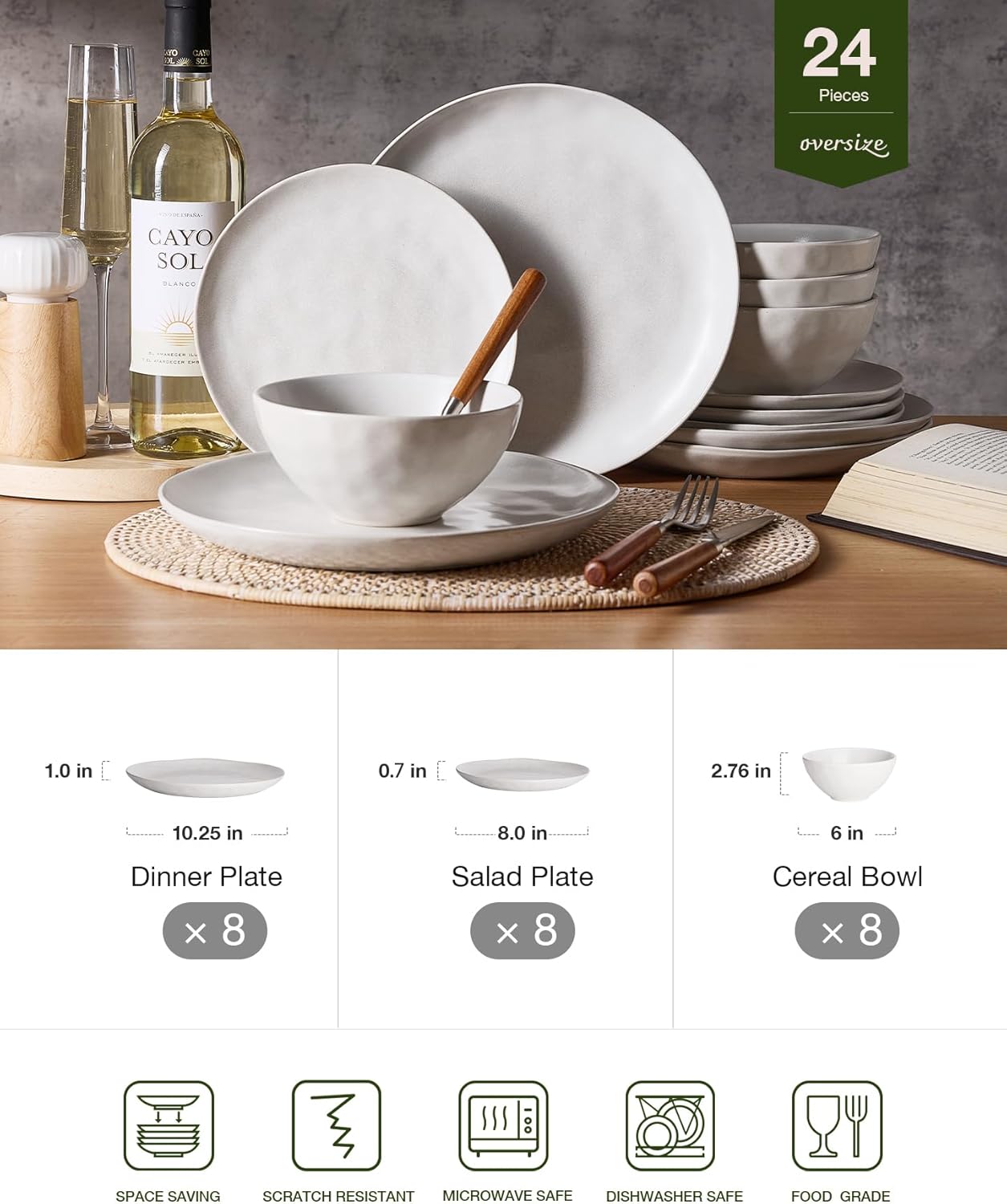 Famiware Dinnerware Sets for 8, Ocean Round 24-Piece Kitchen Plates and Bowls Sets, Microwave and Dishwasher Safe, Scratch Resistant, Matte White