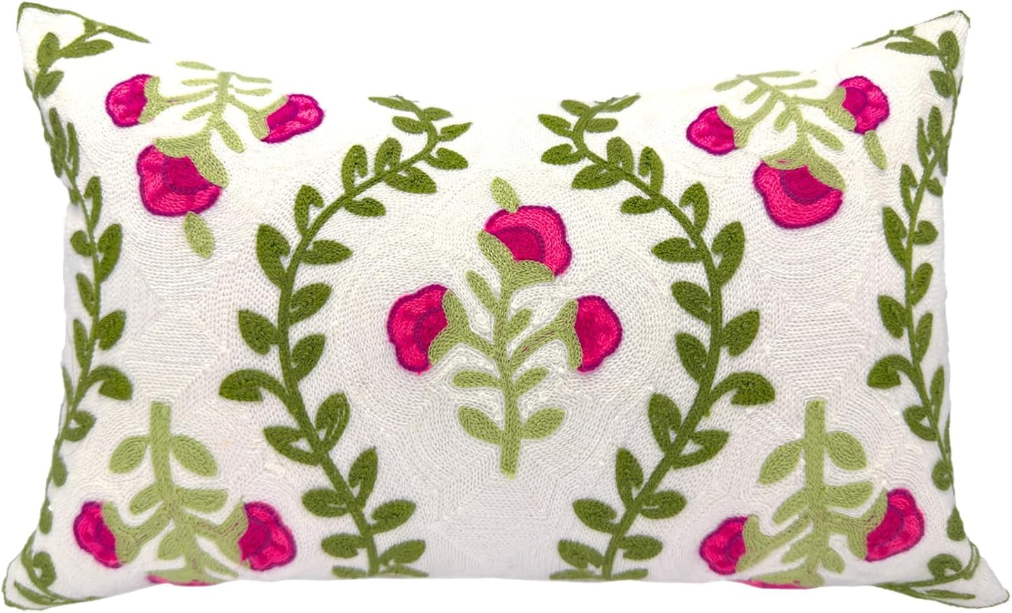 Alysheer Flower Embroidered Summer Decorative Lumbar Throw Pillow Cover 12"x 20", Farmhouse Cottage Hot Pink Floral Green Leaves Patterned Cotton Canvas Cushion Case for Sofa Couch Bed Living Room