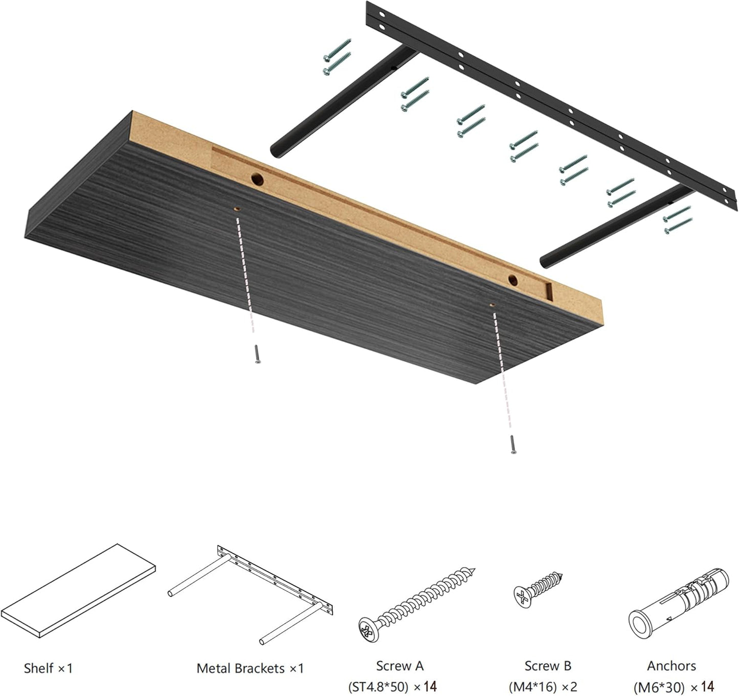 Large Floating Shelves for Wall Set of 1 Wooden Wall Shelves 30 in x 12.75 in x 2 in Room Decor Long Shelf with Invisible Wall Mount Bracket for Bedroom Kitchen Living Room Black Wood