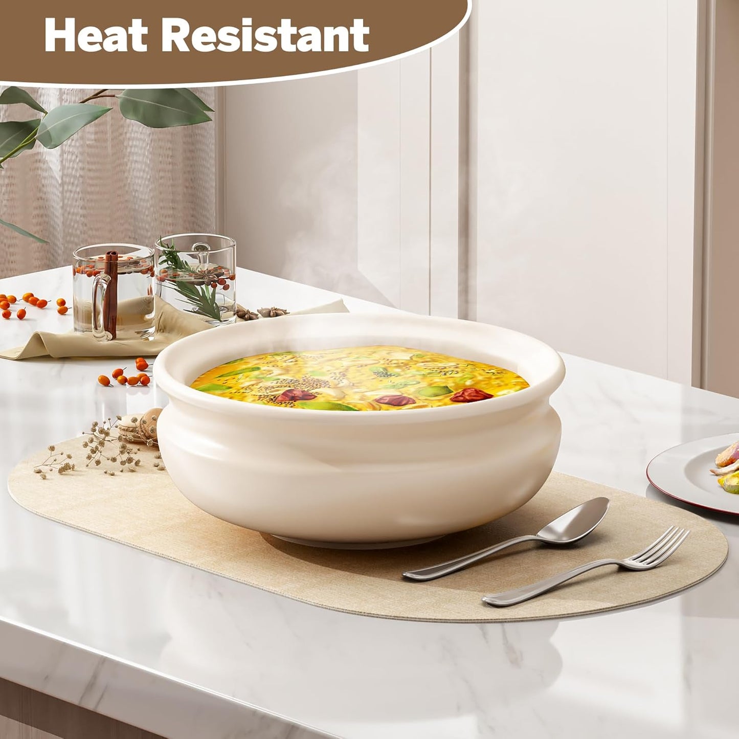 DOLOPL Placemats Set of 6, Oval Large Beige Place Mats for Kitchen Dining Room Table Decorations, Faux Leather Anti Slip Waterproof Dining Table Place Mats for Indoor & Outdoor Use(13.8"x21.6")