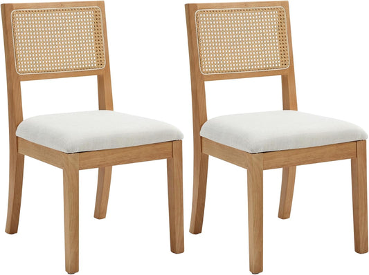 Westice Rattan Dining Chairs Set of 2, Farmhouse Natural Dining Room Chairs with Upholstered Cushion, Wood Armless Chairs for Kitchen/Restaurant