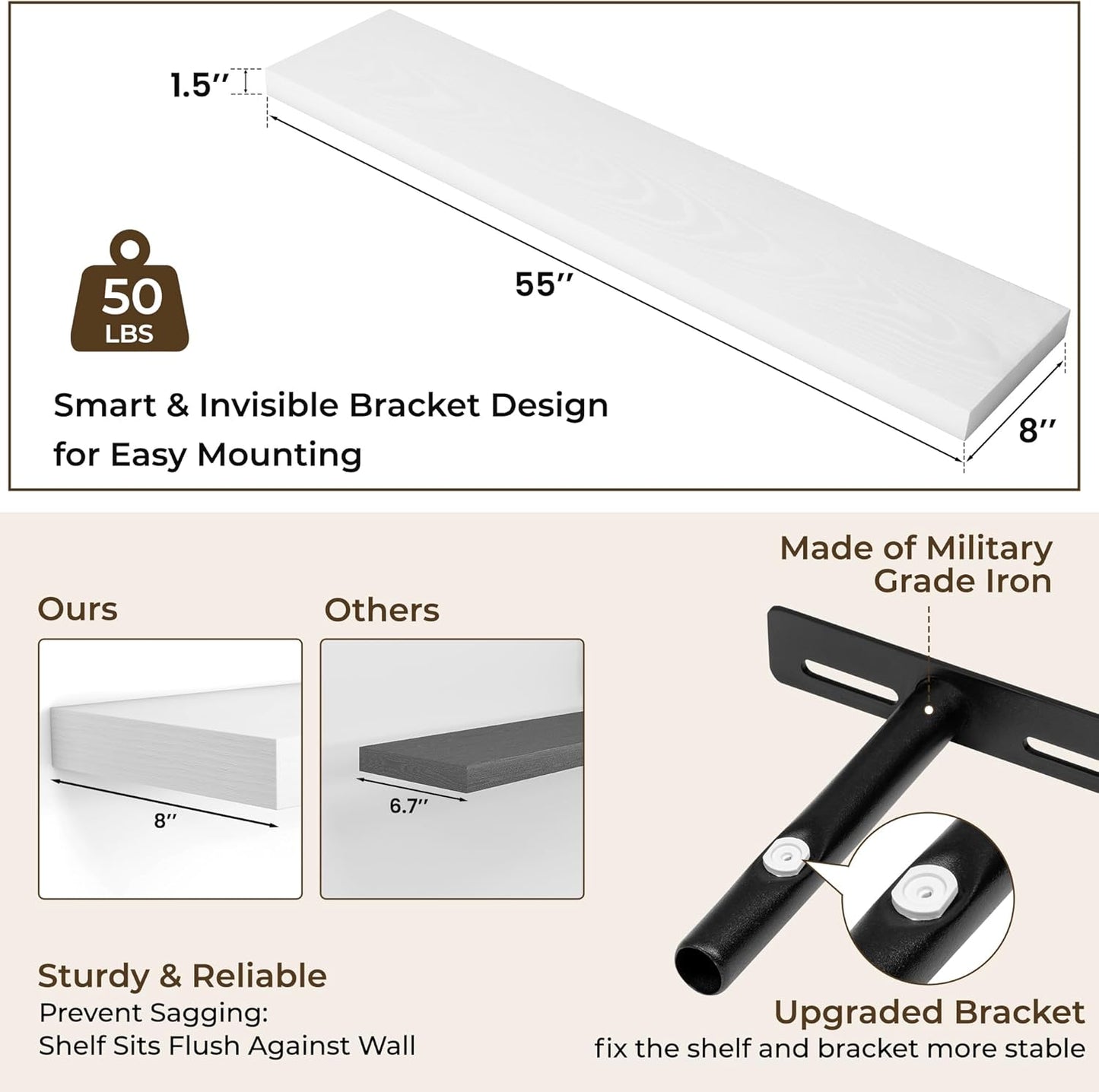 RICHFOCUS 55Inch Floating Shelves for Wall 1 Pack Shelves for Bedroom|Kitchen|Bathroom Wall Mounted Rustic Wood Floating Shelf with Invisible Brackets for Books|Storage|Decor, White