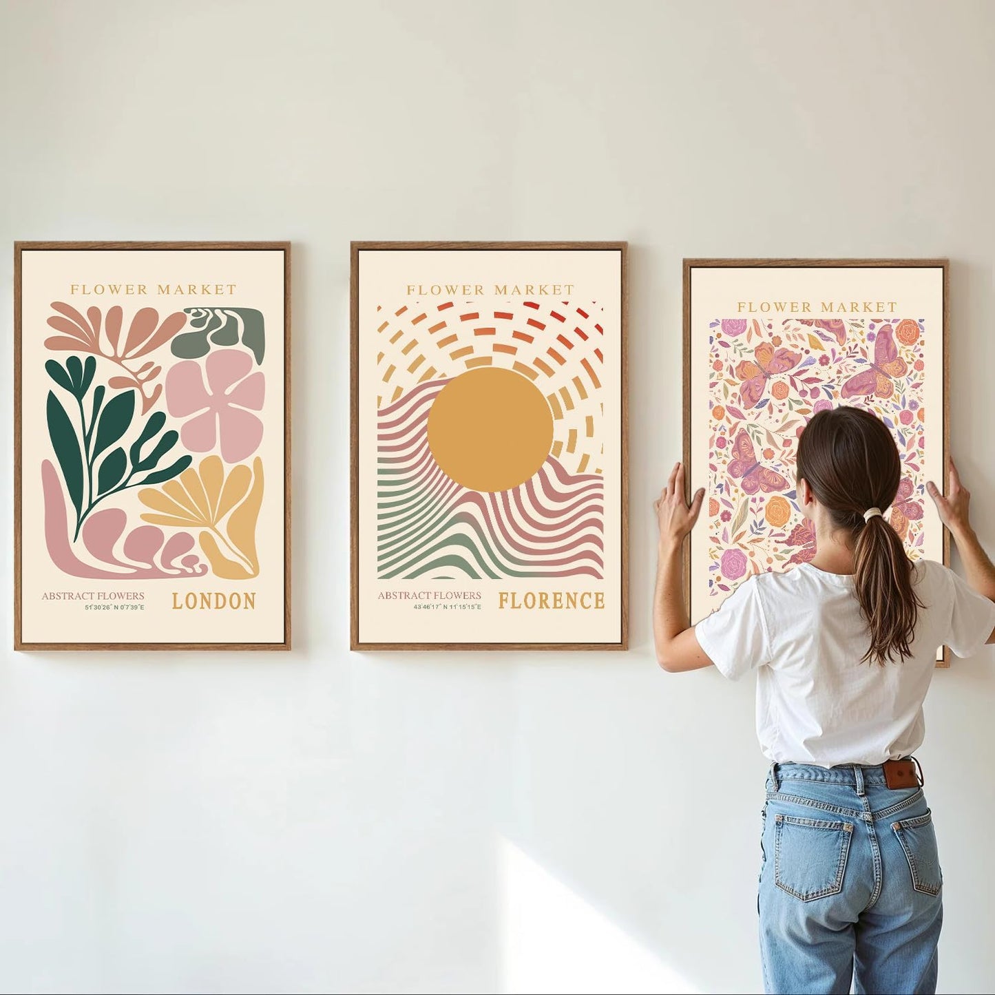 Tinonedraw Boho Flower Market Framed Canvas Wall Art Set, Pink Beige Cute Butterfly Wall Decor, Colorful Abstract Floral Wall Painting, Modern Matisse Art Print for Girls Room Bedroom Office Nursery 16"x24"x3