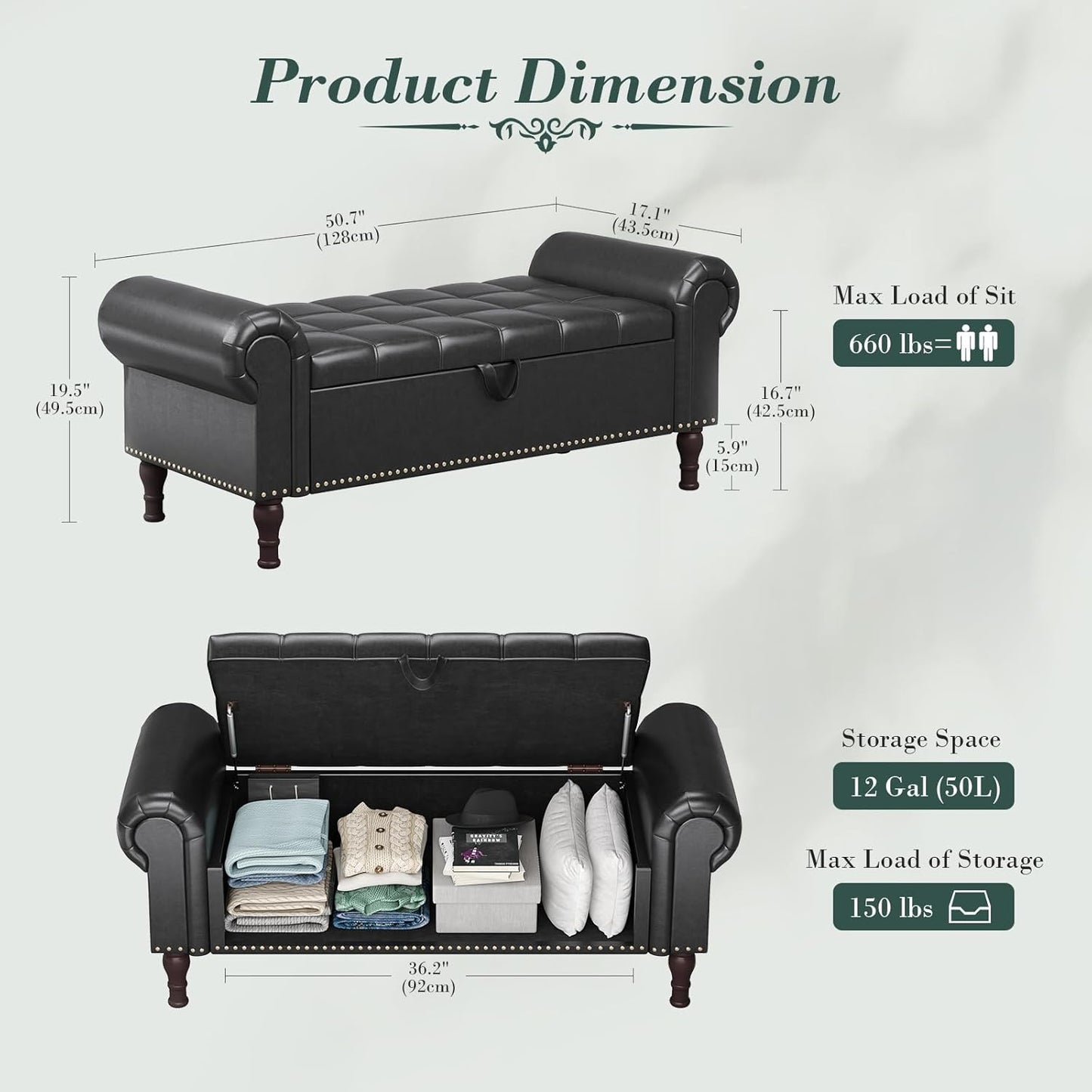 Apicizon 51”Storage Benches, Queen Size Faux Leather Bed Bench with Tufted Button, Upholstered Bench with Rolled Arm and Vintage Rivets for Foot of Bed, Living Room, Entrance，Black