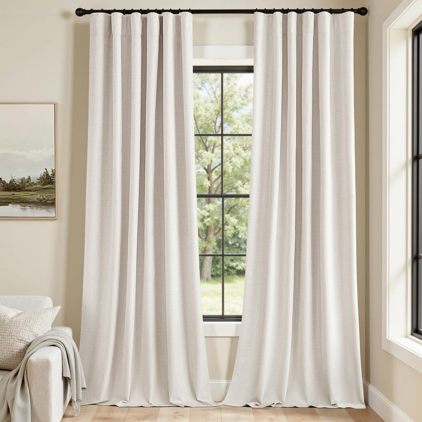 MIULEE 100% Blackout Curtains 90 Inch Long 2 Panels for Bedroom, Thick Luxury Faux Linen Black Out Curtain Room Darkening Back Tab Pleat Window Textured Drapes with Hooks for Living Room, Ivory