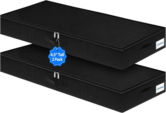 Under Bed Storage Containers, Low Profile Underbed Storage Bin 4.5 Inches Tall Clothes Storage Organizer With Rigid Side & Bottom, Shallow Thin Under Couch Dresser Storage Dorm With Lid - 2Pcs Black