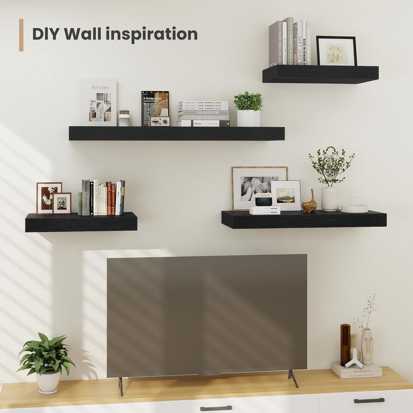Heimlove 24 x 12 Inch Deep Floating Shelves Wall Mounted with Invisible Brackets,Storage Hanging Shelf for Wall Decor in Bathroom, Bedroom, Toilet, Kitchen, Living Room, Office Set of 2 (Black)