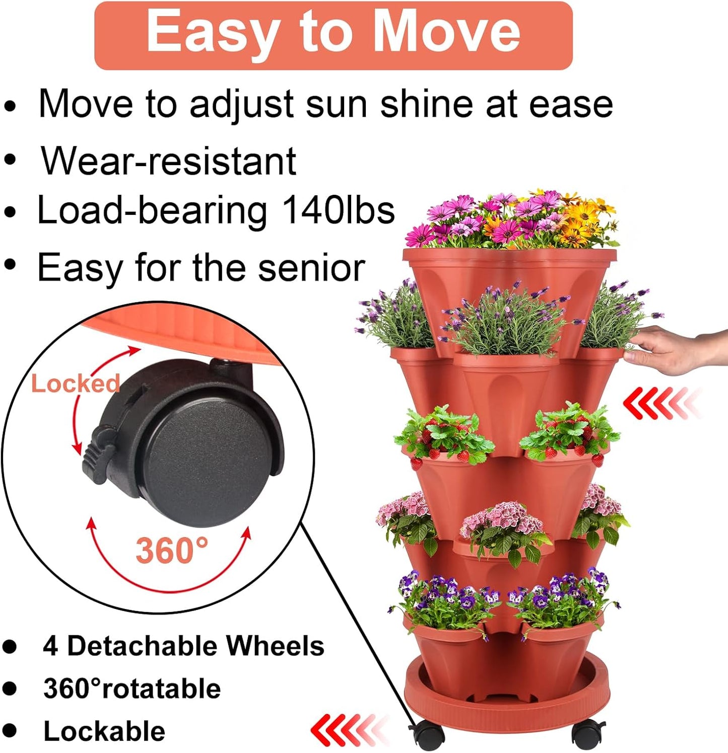 DUNCHATY Stackable Planters 5 Tier Vertical Garden Planting Tower Planters Strawberry, Herb, Flower, and Vegetable Planter Indoor Outdoor Gardening Pots with Removable Wheels and Tools, 2 Bundle