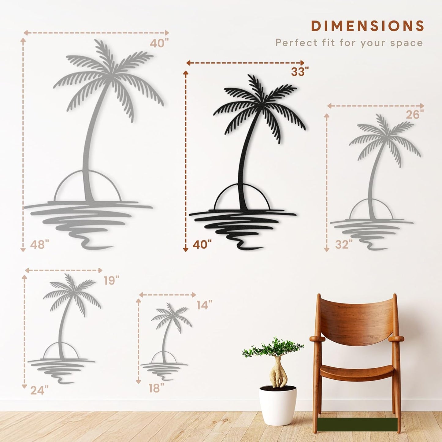 Metal Palm Tree with Sunset Wall Art, Large Outdoor Wall Decor, Tropical Beach Decor for Living Room, Bedroom, Garden Home Wall Sign, Perfect Metal Wall Art for Beach House (Black, 40 x 33 inches)