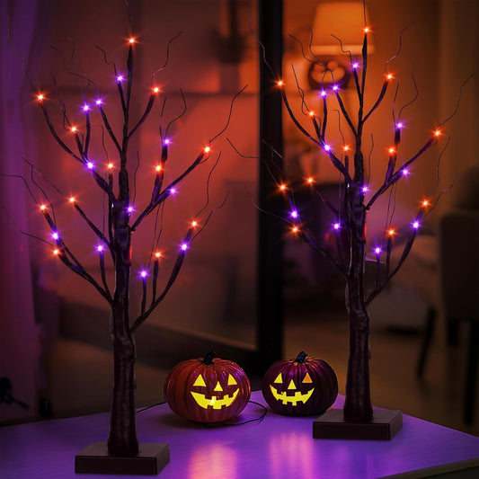 Halloween Decorations Indoor,2 Pack 2FT Birch Tree with 24 Orange and Purple LED Lights,Black Spooky Halloween Tree for Holiday Party,Tabletop Decor for Home,Office,Christmas,Fireplace,Mantle