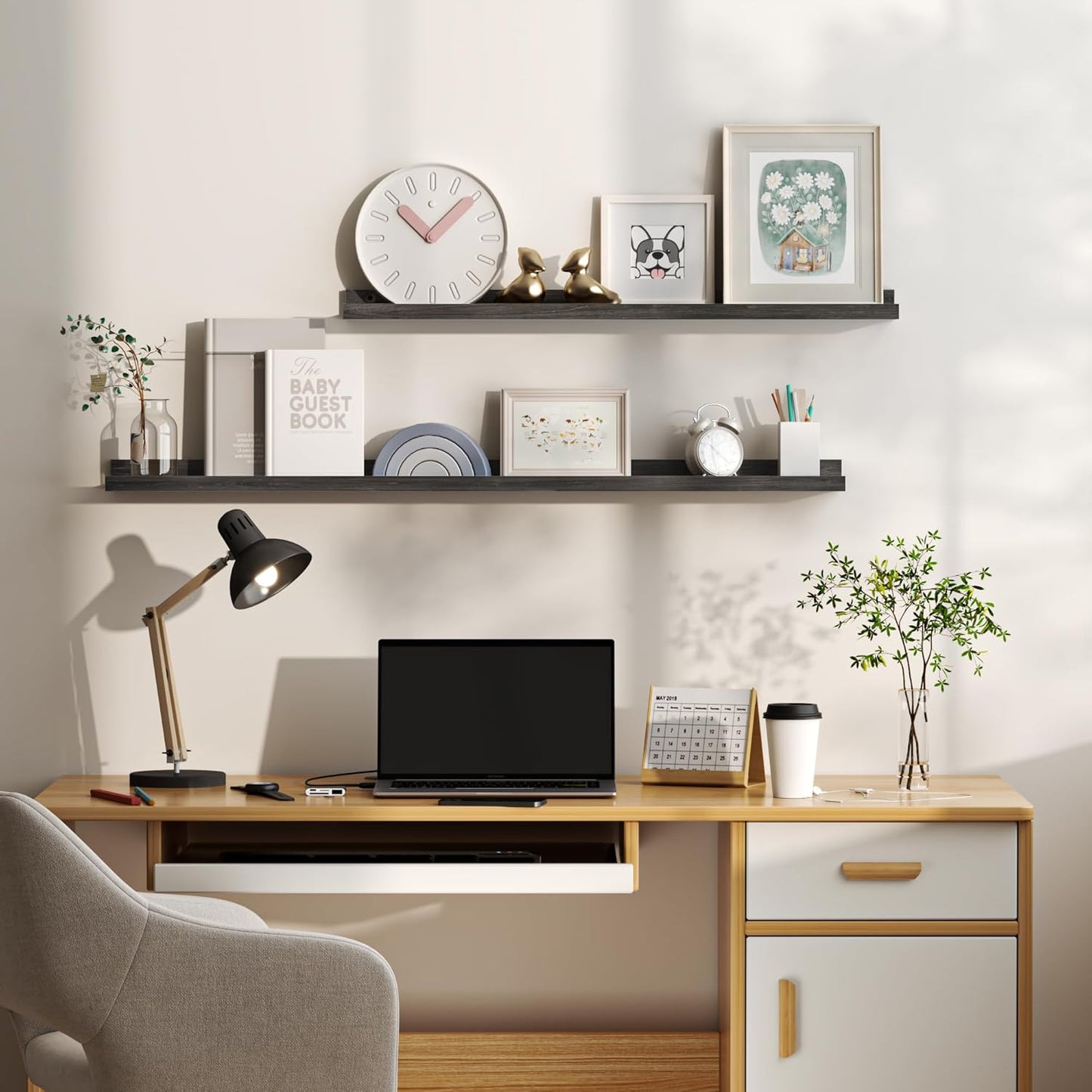 Floating Shelves for Wall, Picture Ledge Shelf 36 Inch Solid Wood Set of 2, Rustic Wall Shelves with Lip, Kids Bookshelf, Photo & Picture Live Edge Floating Shelves for Bedroom, Living Room, Kitchen