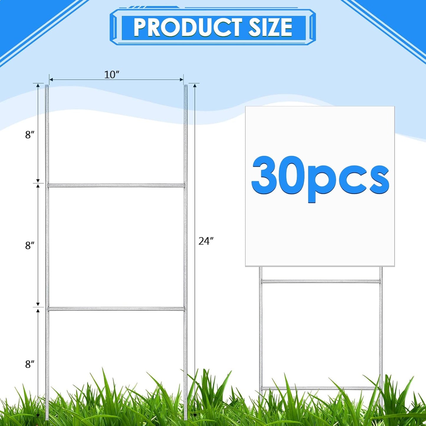 30 Pcs H Stakes for Yard Signs 24'' x 10'' Metal Heavy Duty H Frame Lawn Wire Stakes Weatherproof Metal Sign Holder Bulk for 4mm 5mm Corrugated Signs Board Guidepost Yard House Garden Decor