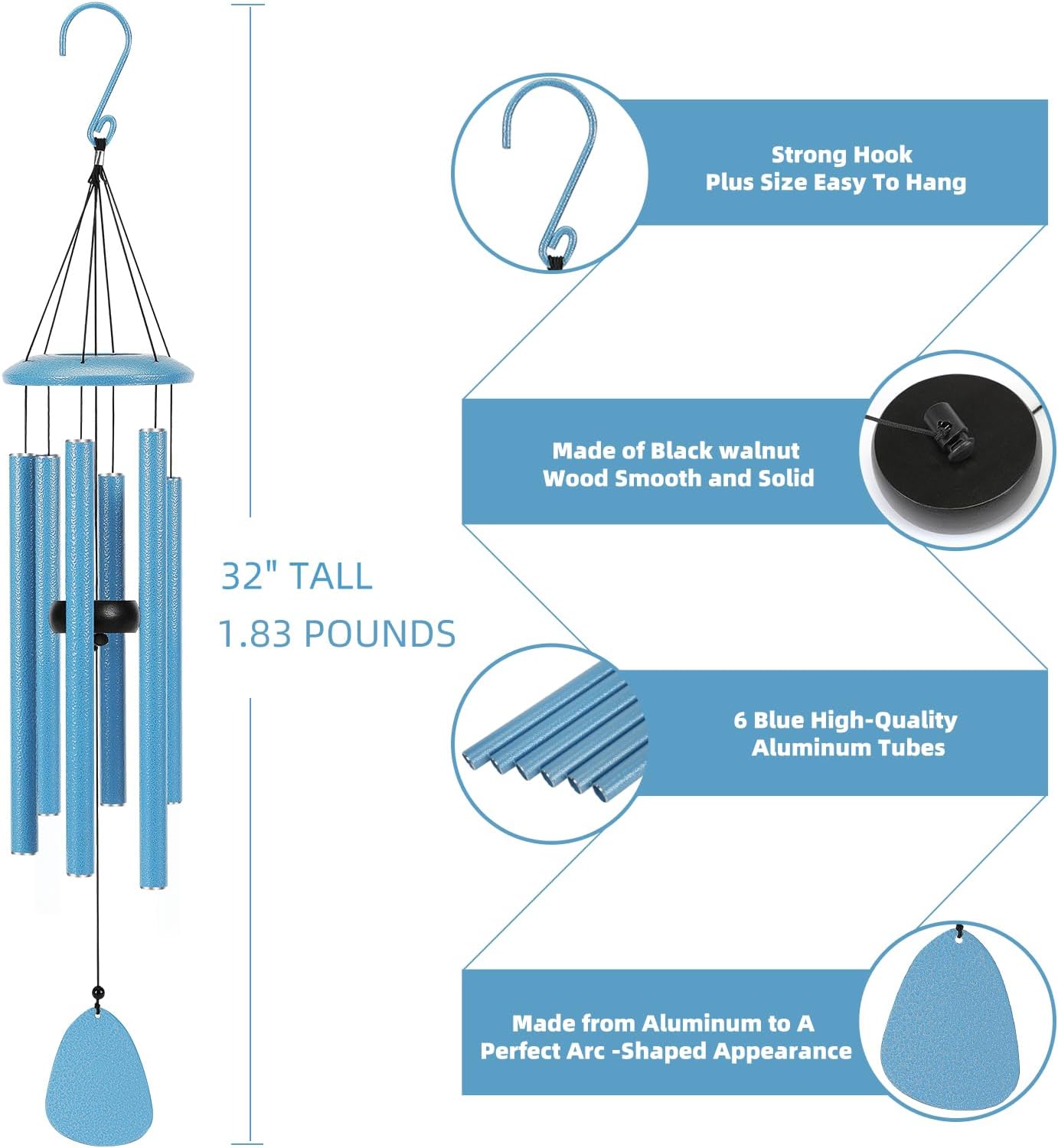 Wind-Chimes-Outdoor-Deep-Tone, Large Soothing Melodic Tones Mobile Windchimes, Wind Chimes for Outside, Memorial Wind Chime Best Gift for Mom Women Grandma Neighbors(32" Blue Coated Aluminum)