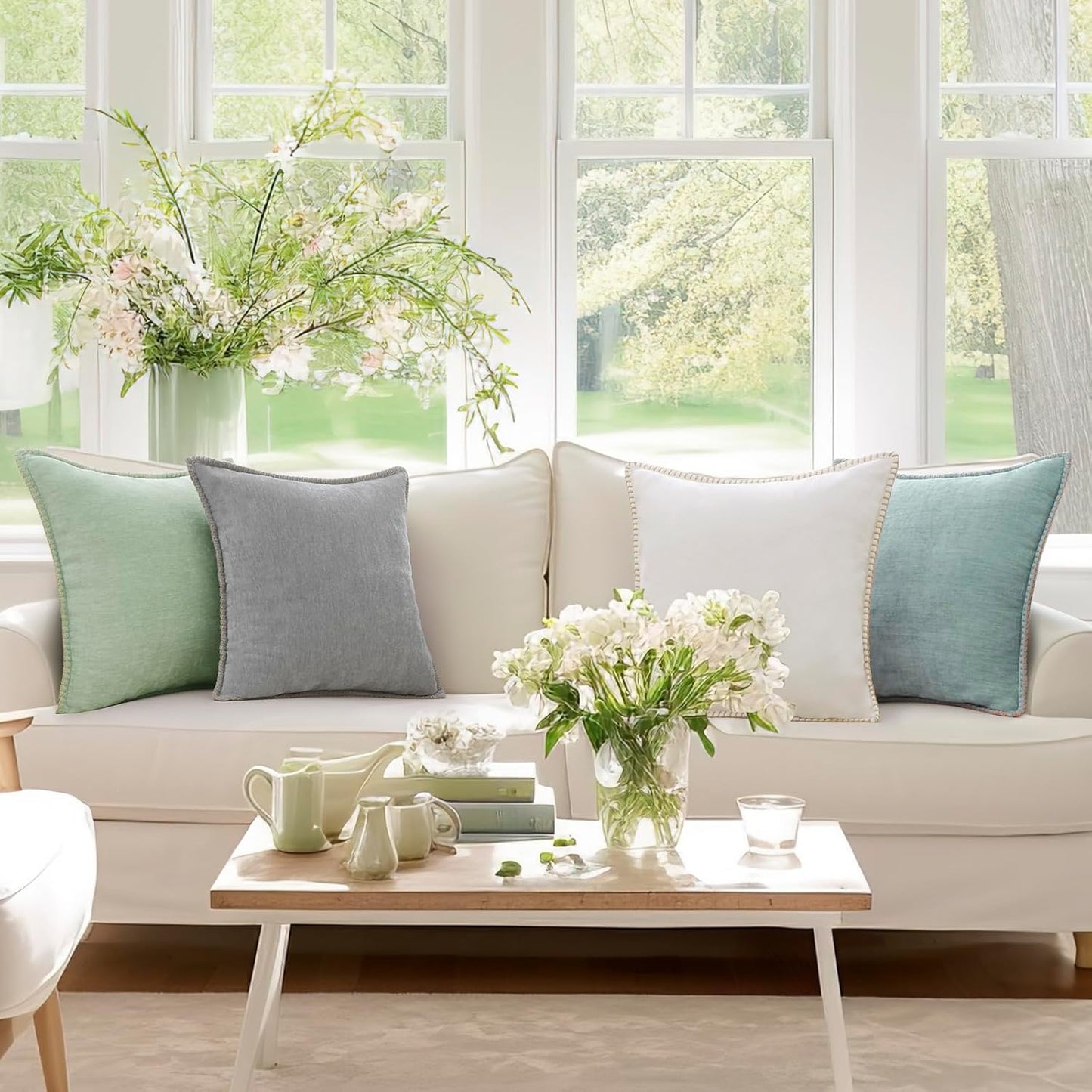 decorUhome Chenille Soft Throw Pillow Covers 12x20 Set of 2, Lumbar Velvet Farmhouse Neutral Decorative Euro Pillow Covers with Stitched Edge for Couch Sofa Bed Home Decor, Aqua Haze