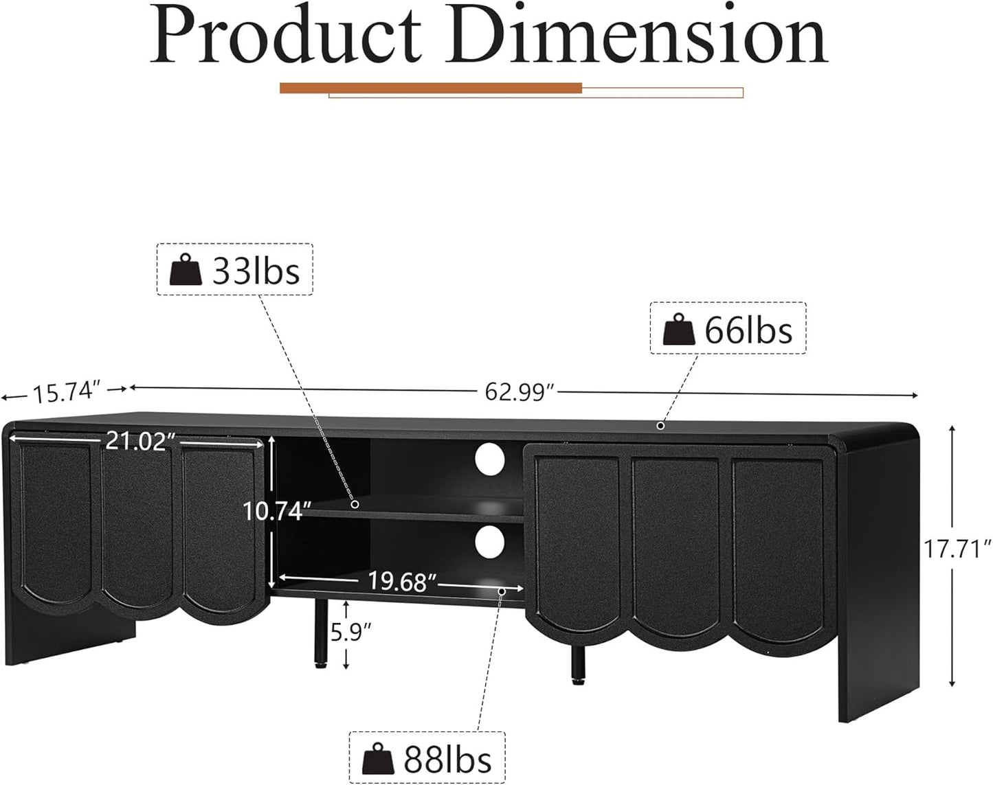 ORRD 63'' TV Stand, Modern TV Console Table Wave Panel Television Stands Entertainment Media Center with Storage Compartment and Sliding Door for Living Room (Black)