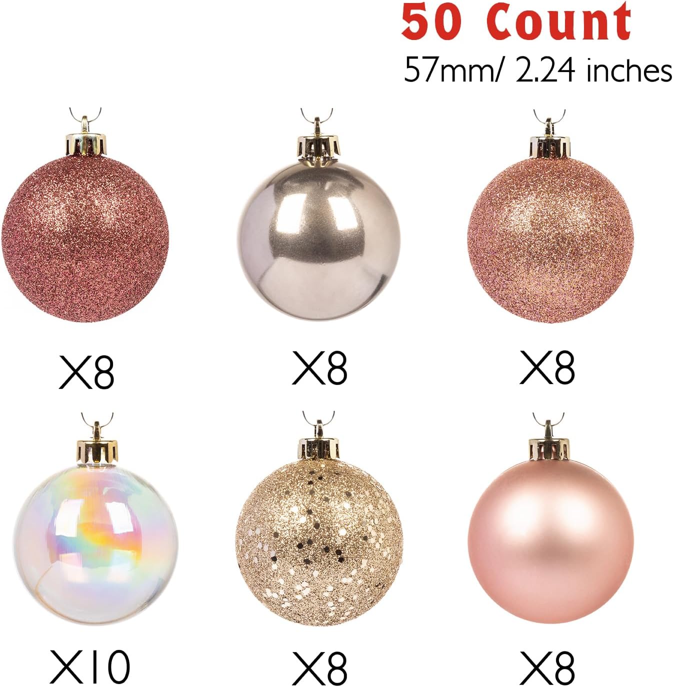 Every Day is Christmas Ornaments, Shatterproof Christmas Tree Ornament Set, Christmas Balls Decoration 50 Count (2.24"/57mm, Pink Gold)