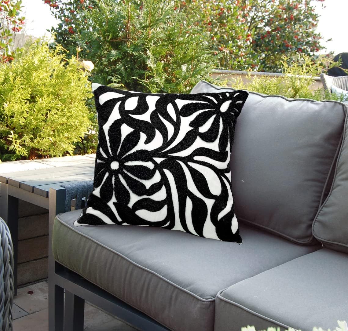Alysheer Farmhouse Floral Leaves Embroidered Decorative Throw Pillow Cover 18x18 inches, Boho Tufted Flowers Embroidery Pattern Chic Cotton Cushion Case for Couch Bed Sofa Living Room(Black)