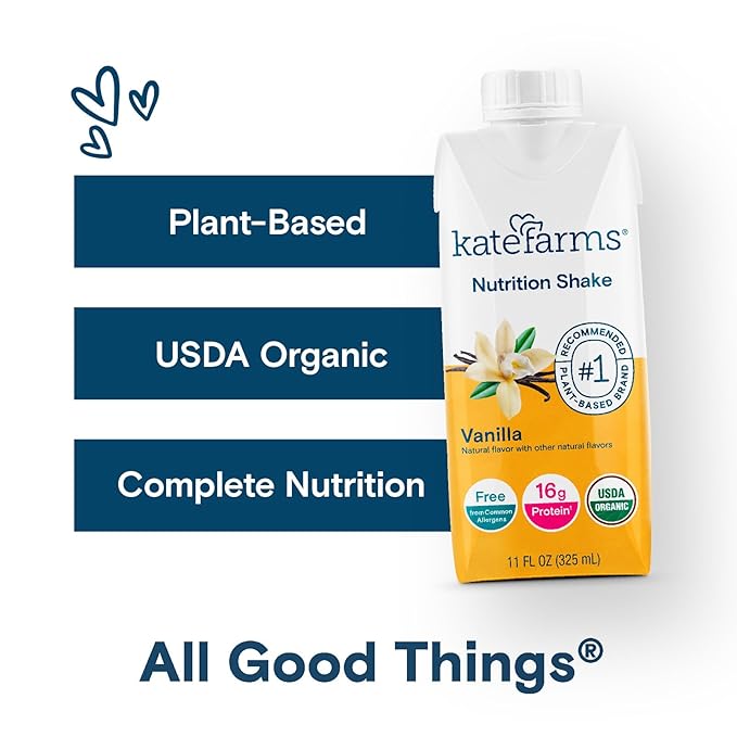 KATE FARMS Organic Nutrition Shake, Vanilla, 16g Protein, 27 Vitamins 11 oz (12 Pack)