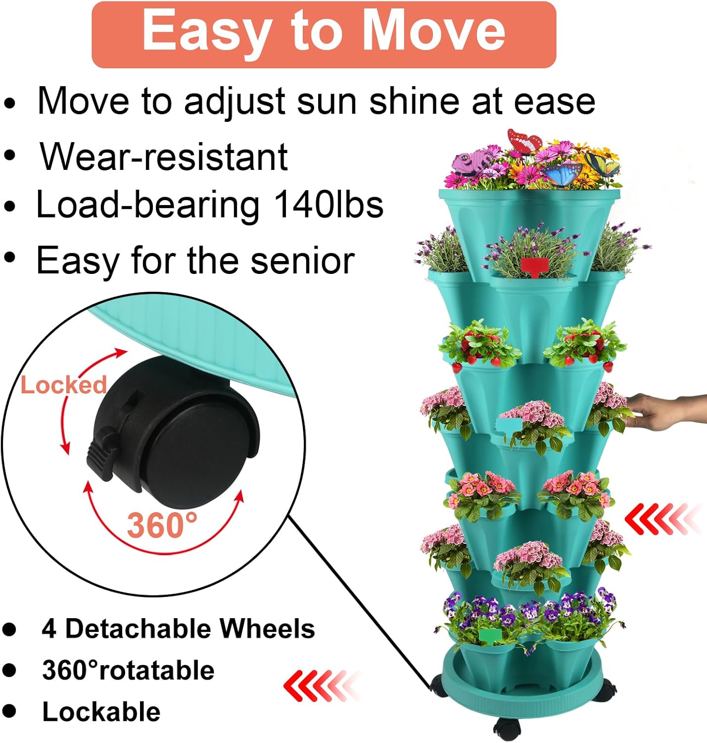 DUNCHATY Stackable Vertical Garden Planter with Tool Set, Self Watering 7 Tier Herb Planter for Indoor/Outdoor Growing, Teal