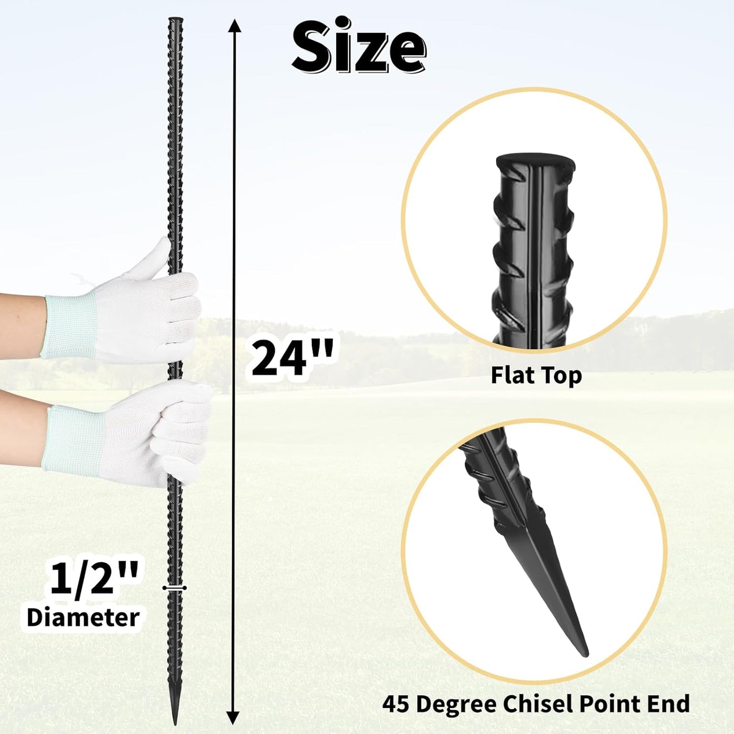 24 Inches Straight Rebar Stakes(20-Pack), 1/2" Diameter Steel Metal Stakes for Garden with Chisel Point End Heavy Duty Ground Anchors for Landscape, Concrete Form, Camping & Trapping Black
