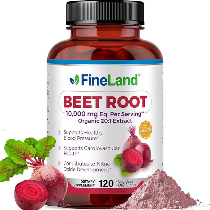 FineLand Beet Root 20x Full Spectrum Eq. to 10,000 mg Per Capsule, Extra Strength, Athletic Cardiovascular Support, Nitric Oxide, Blood Pressure Support, 120 Veggie Pills, 100% Vegan