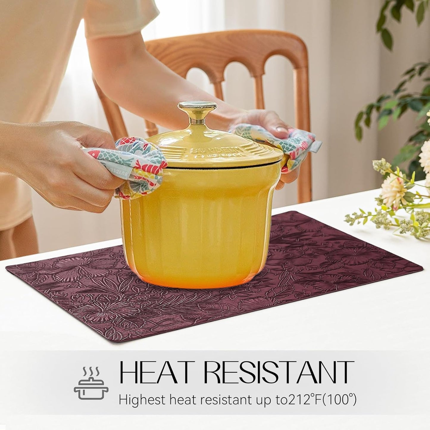 Romanstile Vinyl Placemats Set of 6-12 X 18 Inch - Heat Resistant Non-Slip Embossed Floral Place Mats 100% Waterproof Oilproof Wipeable Faux Leather Table Mats for Kitchen/Dining/Party, Burgundy