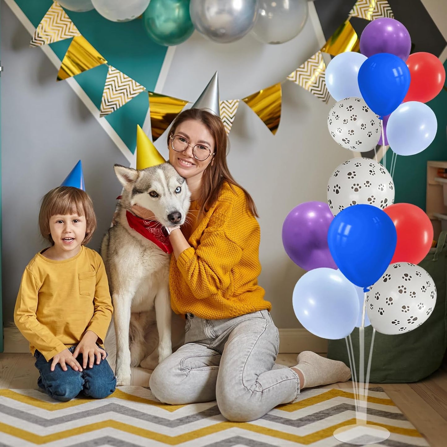 Dog Birthday Party Decorations Balloon Stand Kit with Blue Red and Puppy Paw Balloons (Puppy paw set4)