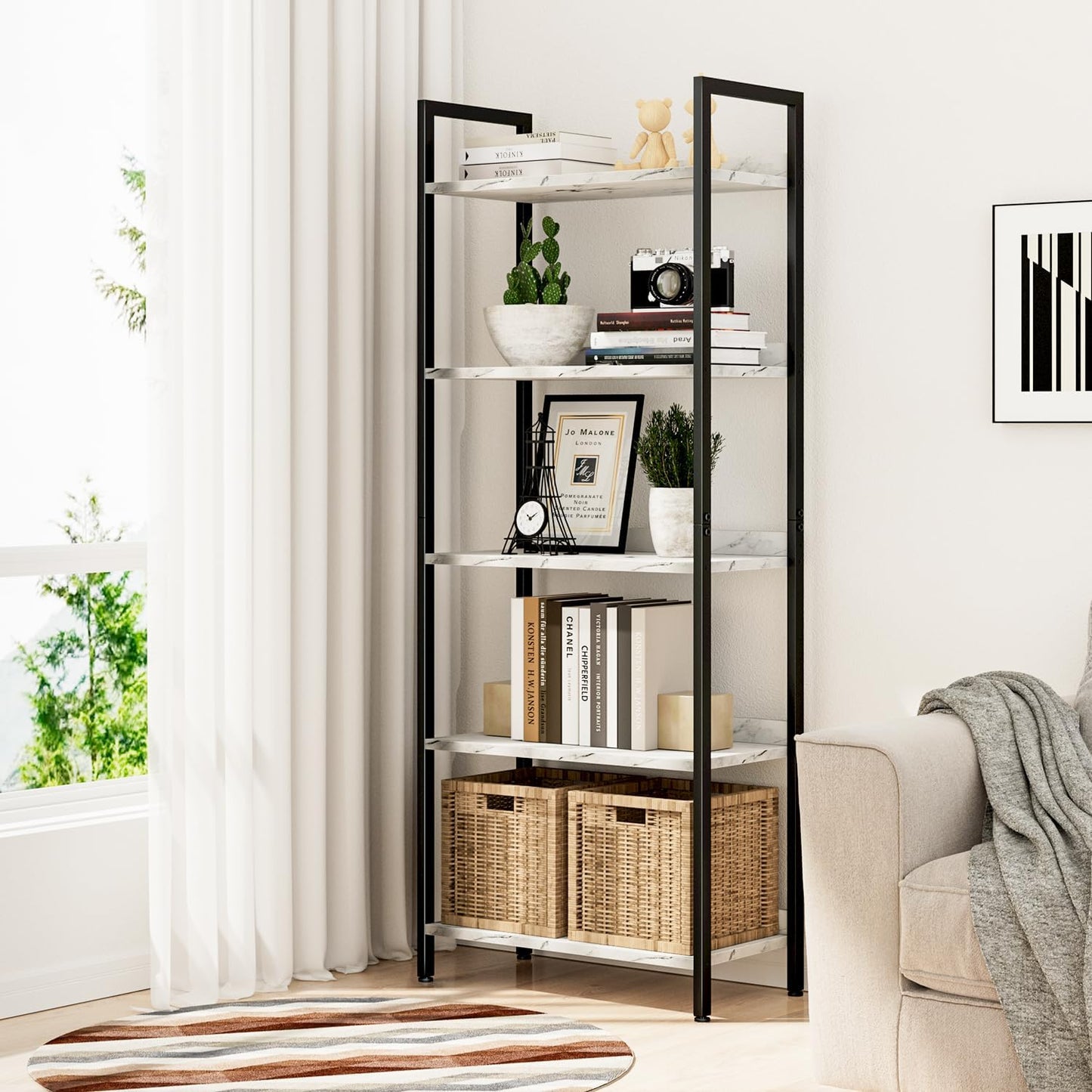 NUMENN Bookshelf, 5 Tier Bookshelves, Home Office Bookcase Shelf Storage Organizer, Free Standing Storage Shelving Unit for Bedroom, Living Room and Home Office, White Marble