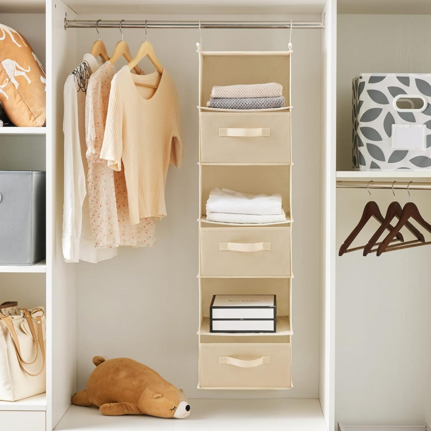 MAX Houser 6 Tier Shelf Hanging Closet Organizer, Closet Hanging Shelf with 2 Sturdy Hooks for Storage, Foldable (Beige-D3)