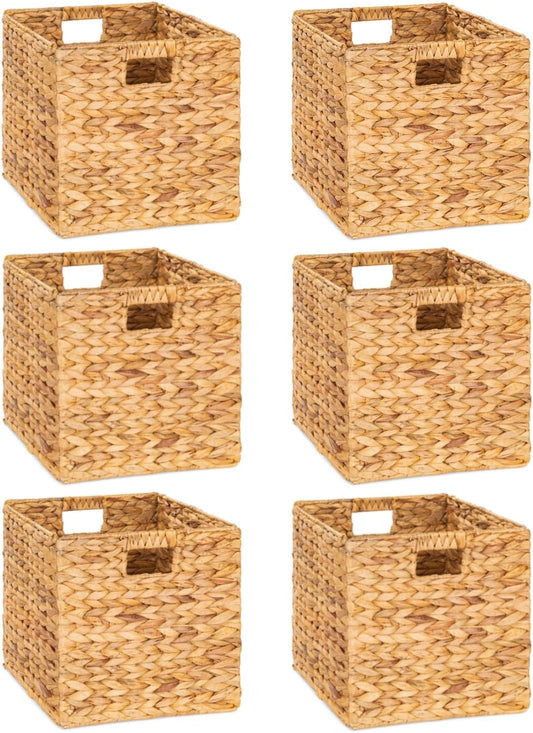 12 x 12in Water Hyacinth Storage Baskets, Wicker Storage Baskets for Shelves, Woven Baskets for Storage, Wicker Storage Basket for Bedroom, Living Room, Nursery Room (Natural 6 Packs 12x12in)