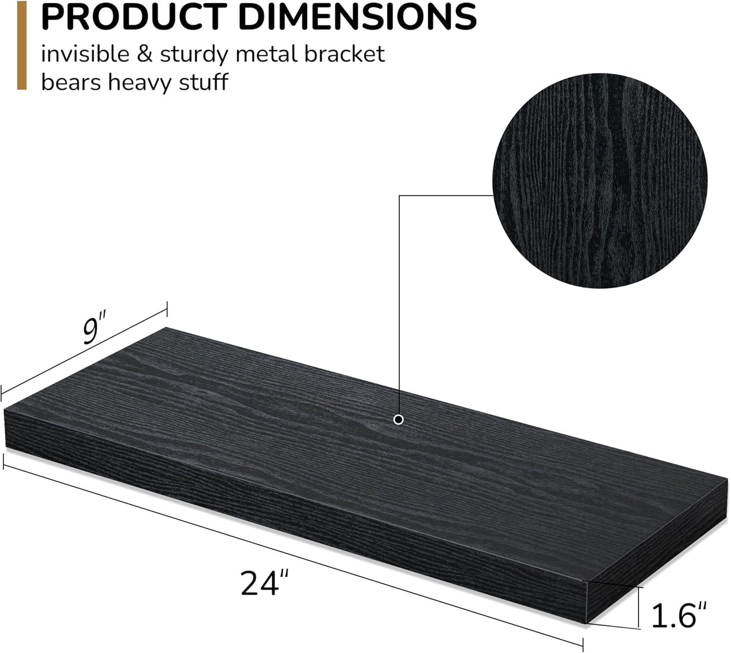 Floating Shelves - 2 Pack 9 Inch Rustic Wooden Wall Shelves - Extra Deeper & Thicker Wall Mounted Storage Shelf for Living Room, Kitchen, Farmhouse - 24" W x 9" D x 1.6" H - Rustic Black