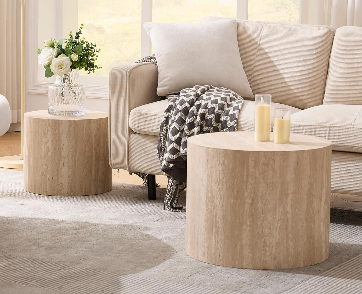 EALSON Nesting Coffee Table Set of 2 Modern Round Wood Coffee Table Circle Fluted End Tables Accent Tables for Small Space/Living Room/Bedroom, Travertine