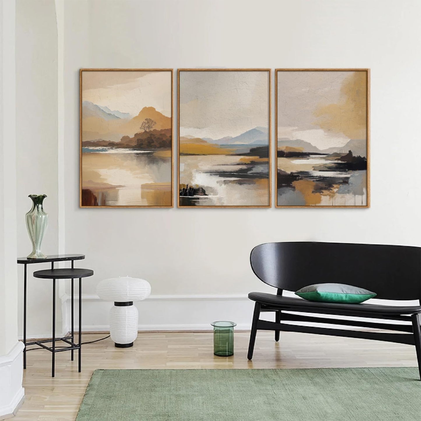 Tinonedraw Beige Mountain Landscape Framed Canvas Wall Art, Abstract Mid Century Modern Wall Decor, Golden Hour Lake Artwork, Neutral Nature Scenery Art Printing for Living Room Bedroom Office 16"x24"x3