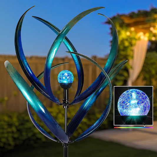 Outdoor Wind Spinners with Solar Light, 82'' Metal Large Spinner Yard Art, Peacock Blue Wind Sculptures for Garden Lawn Patio, Gifts for Family